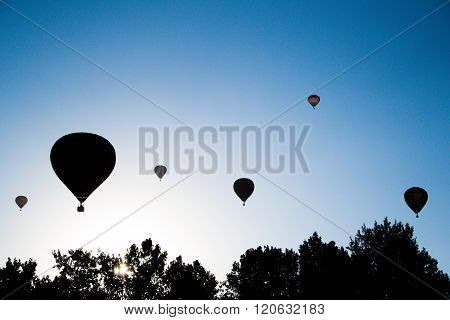 Silhouette Of Air Balloons Take Of On The Air Balloon Festival In Agárd, Hungary