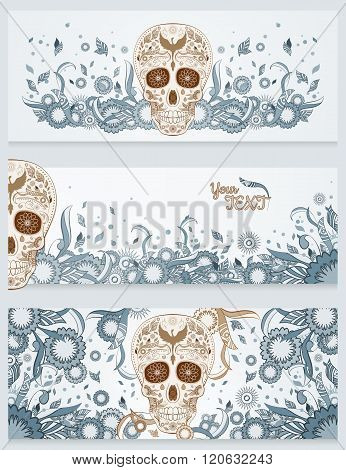Banners of Dia de Muertos sugar skull with ornate on an abstract floral ornamental spring background