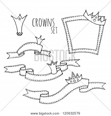 Black and white doodle - set of frames, ribbons and crown