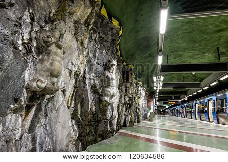 5 January  2016. Stockholm. The interior and the platform of station "Kungstragarden" in Stockholm metro.Sweden.