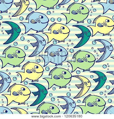 Seamless pattern with children and puzyaryami fish on a dark blue background