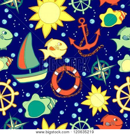 Kids seamless pattern with sea elements on a dark blue background