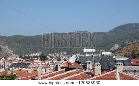 Solar Water Heating Systems On The Roofs Of The City Of Marmaris, Turkey