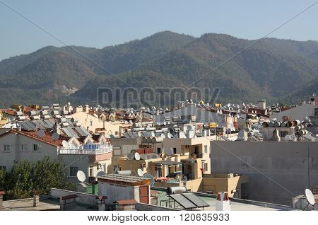 Solar Water Heating Systems On The Roofs Of The City Of Marmaris, Turkey