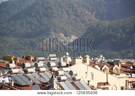 Solar Water Heating Systems On The Roofs Of The City Of Marmaris, Turkey