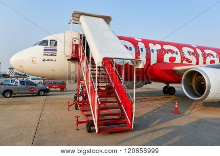 PATTAYA, THAILAND - FEBRUARY 17, 2016: Thai AirAsia A320 in U-Tapao - Pattaya International Airport. Thai AirAsia is a joint venture of Malaysian low-fare airline AirAsia and Thailand's Asia Aviation