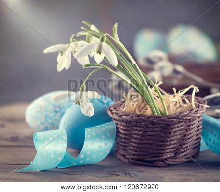 Easter Concept. Art design with colorful blue eggs and spring snowdrop flowers over wooden Background. Beautiful Easter holiday greeting card with decorated handmade eggs and spring flowers