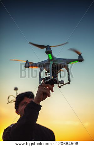 Varna Bulgaria - June 23 2015: Flying drone quadcopter Dji Phantom 2 with digital camera GoPro HERO4