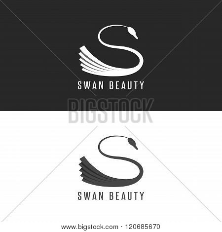 Swan Logo Mockup, Beauty Salon Bird Emblem Overlapping With Shadows Black And White Graphic Design E