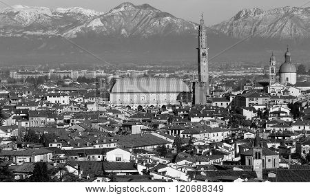 Vicenza, Italy, Panorama Of The City With Basilica Palladiana And The Dome Of Saint Stephan Church