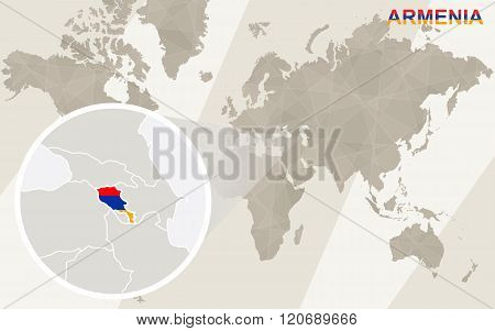 Zoom On Armenia Map And Flag. World Map.