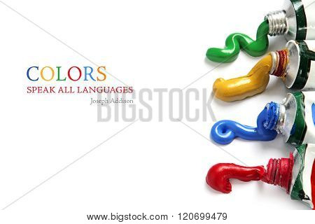 Paint Colors Flowing From The Tubes, Isolated On White, Sample Text Colors Speak All Languages