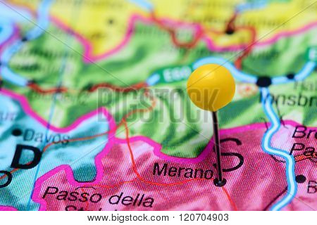 Merano pinned on a map of Italy