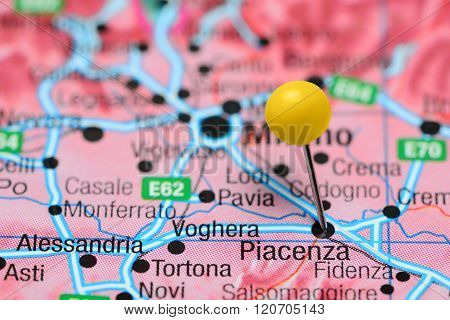 Piacenza pinned on a map of Italy