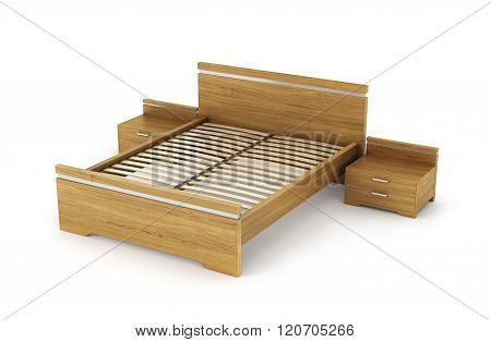 Wooden Bed With Bedside Tables On Either Side