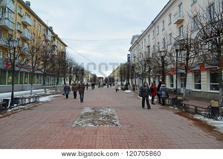 Tver, Russia - February 27. 2016.  Trekhsvyatskaya pedestrianized  street is a historic center