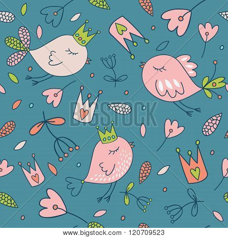 Seamless vector floral pattern. Spring illustration of cute bird