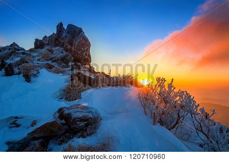 Sunrise On Deogyusan Mountains Covered With Snow In Winter,south Korea.