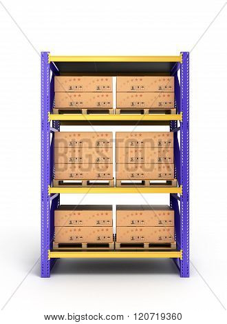 Rack With Boxes On Pallets Isolated On White
