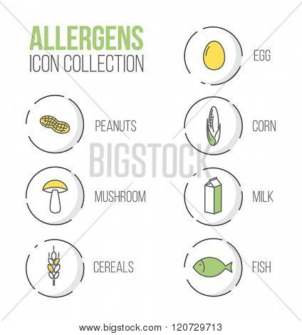 Vector icons set for allergens (milk, fish, egg, gluten, wheat, nut, lactose, corn, mushroom) - green and yellow version