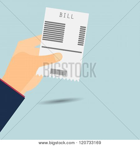 Paying Bills. Hand Holds Invoice. Vector Illustration.
