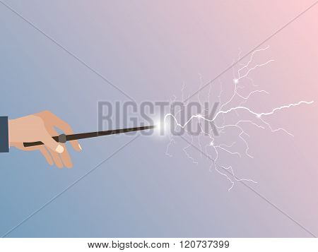 Magic Wand. Magic Stick In Hand. Magic Lightning. Rose Quartz And Serenity Violet Background. Vector