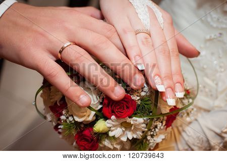 Bride and groom's hands with wedding rings