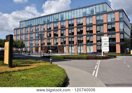 MOSCOW, RUSSIA - JULY 14, 2015: One of buildings of the business center Olympia park in a summer day. Headquarter of Kaspersky lab, one of the worlds fastest-growing cybersecurity companies
