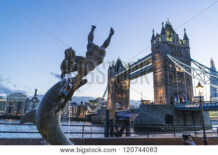 Tower Bridge London Over River Thames In The Evening