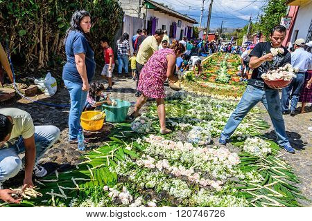 Making Lent Carpets In Street, Antigua, Guatemala