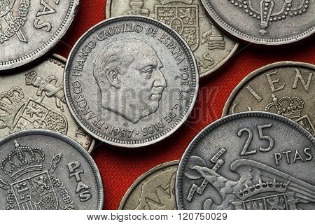 Coins of Spain. Spanish dictator Francisco Franco depicted in the Spanish five peseta coin (1957).