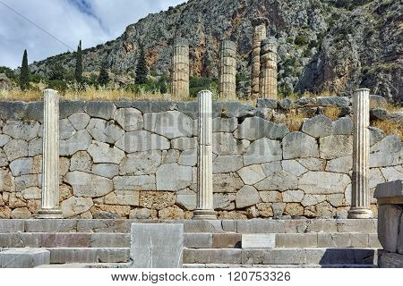 Lined Columns of Ancient Greek archaeological site of Delphi, Greece