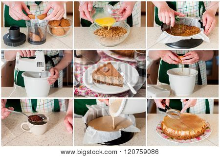 A Step By Step Collage Of Making Spiced Coffee Cheesecake
