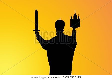 Silhouette Of Monument To Nicholas Wonderworker At Sunset. Kaliningrad, Russia