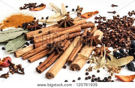 Variety Of Spices On A White Background