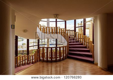 Modern interiors with round stairs in Iberostar hotel on Tenerife island, Spain