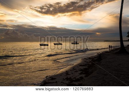 Golden sunrise over ocean in Dominican Republic, Bavaro Beach