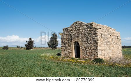 Ruins of a small orthodox christian church near the village of Potamia at the buffer zone in Cyprus. Church name is Panayia Pallouriotissa