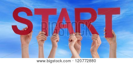 Many People Hands Holding Red Straight Word Start Blue Sky