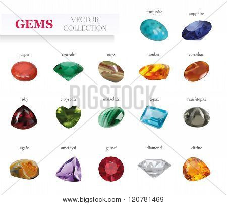 Vector Realistic Gems Jewerly Stones Big Collection. Isolated On White Background