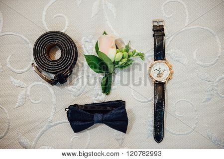 Groom Set Clothes. Wedding Cufflinks And Clock