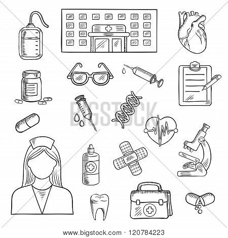 Hospital and medicine sketch objects