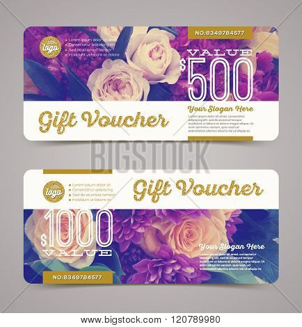 Gift voucher template with  floral background and glitter gold elements. Vector illustration, Design for  invitation, certificate, gift coupon, ticket, voucher, diploma etc.