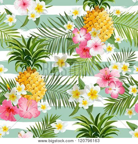 Pineapples and Tropical Flowers Geometry Background - Vintage Seamless Pattern - in vector