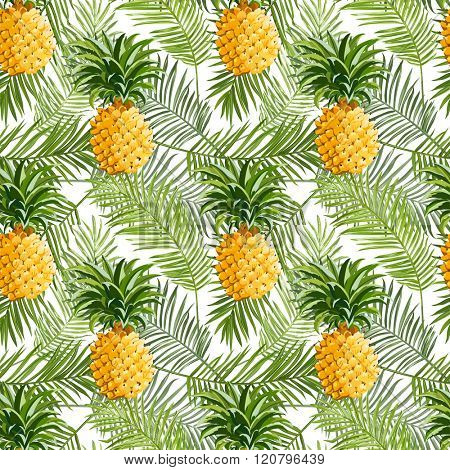 Tropical Palm Leaves and Pineapples Background - Seamless Pattern for design, scrapbook - in vector
