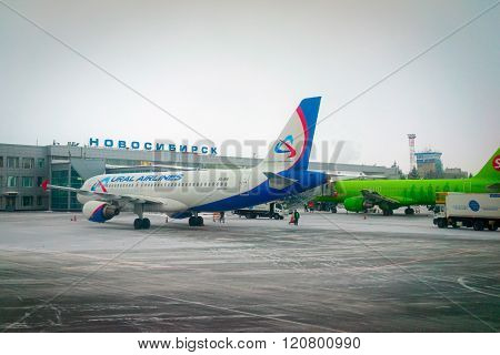 Novosibirsk, Russia - March 02, 2016: Airbus A321 Ural Airlines Standing At Tolmachevo International