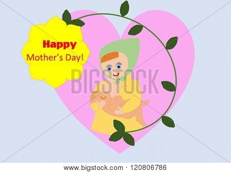 A young woman breast-feeds her child on the heart background with the flower
