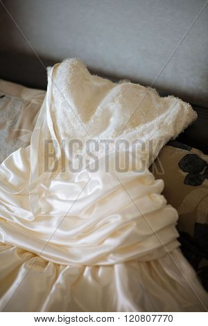 Wedding dress waiting bride. Exquisite lace details.
** Note: Shallow depth of field