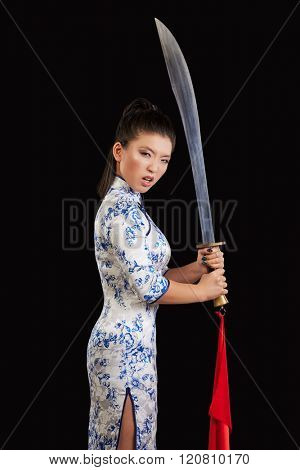 asian woman with japanese sword, Black background