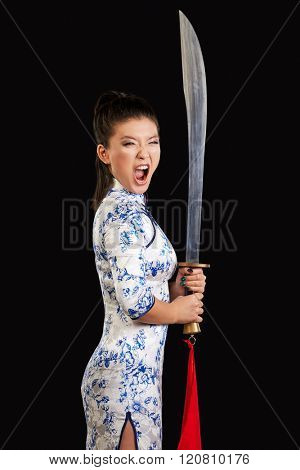 asian woman with japanese sword, Black background